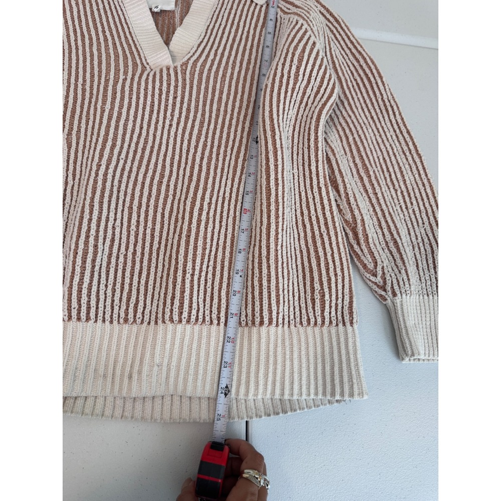 Aerie Tan Cream Striped Ribbed Knit Polo Sweater V-Neck Raglan Long Sleeve S m3 - Picture 7 of 7